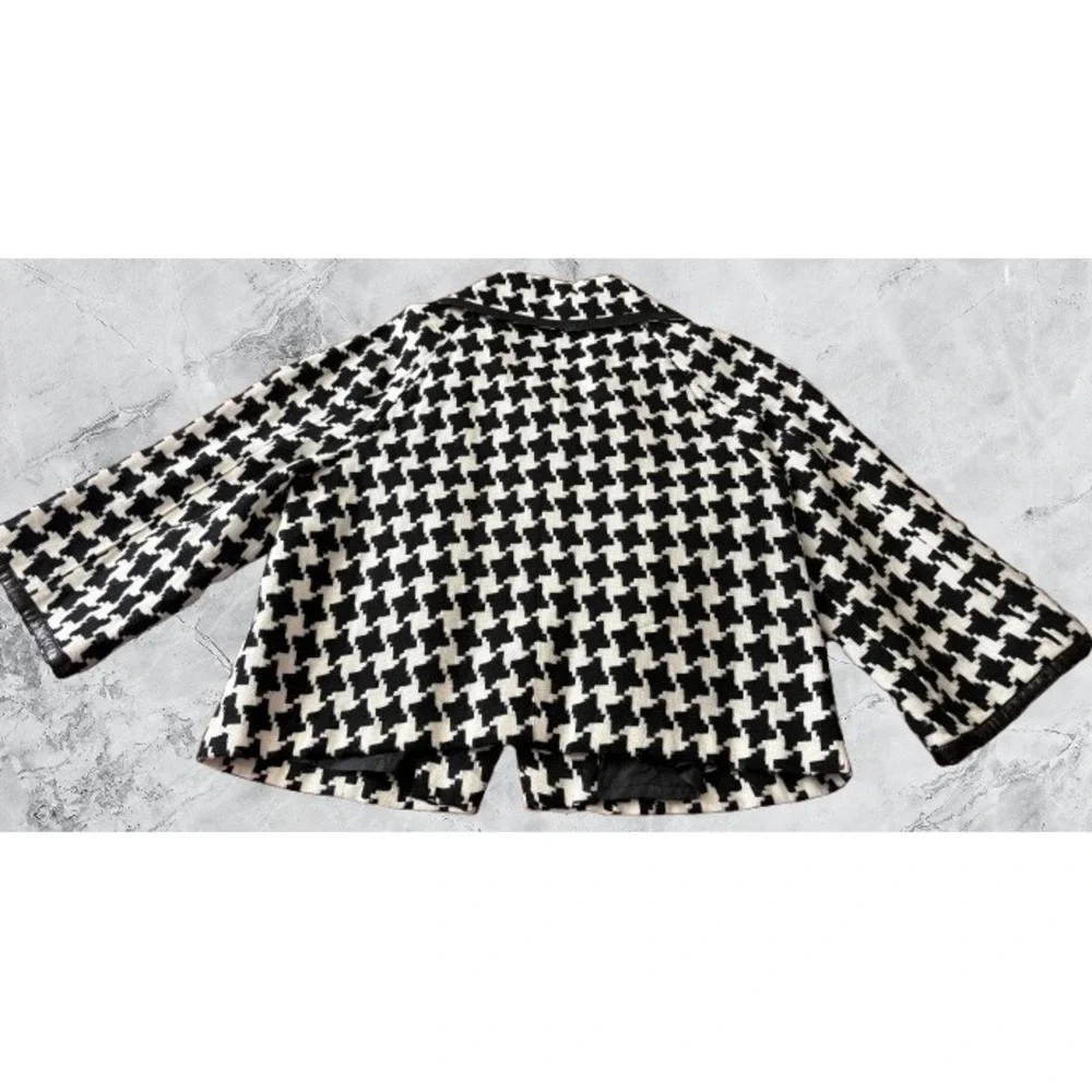 Sunny Taylor Womens Houndstooth Cropped Swing Jacket Black White Size 10 Trim - Picture 2 of 6